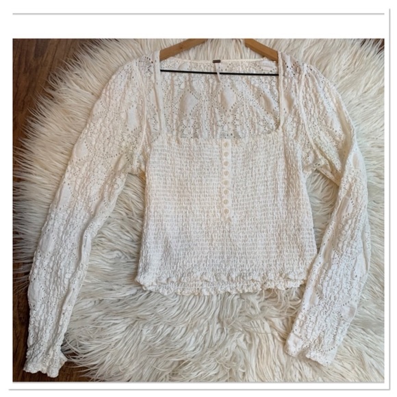 Free People Smocked Lace Confection Top Long Sleeve Ivory Size XL - Picture 2 of 12